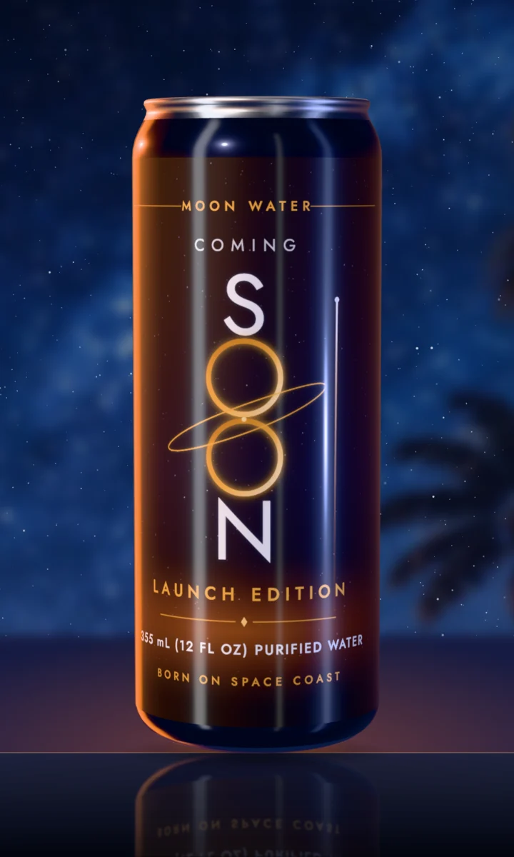 A blacked-out Moon Water placeholder can reading Coming Soon, Launch Edition