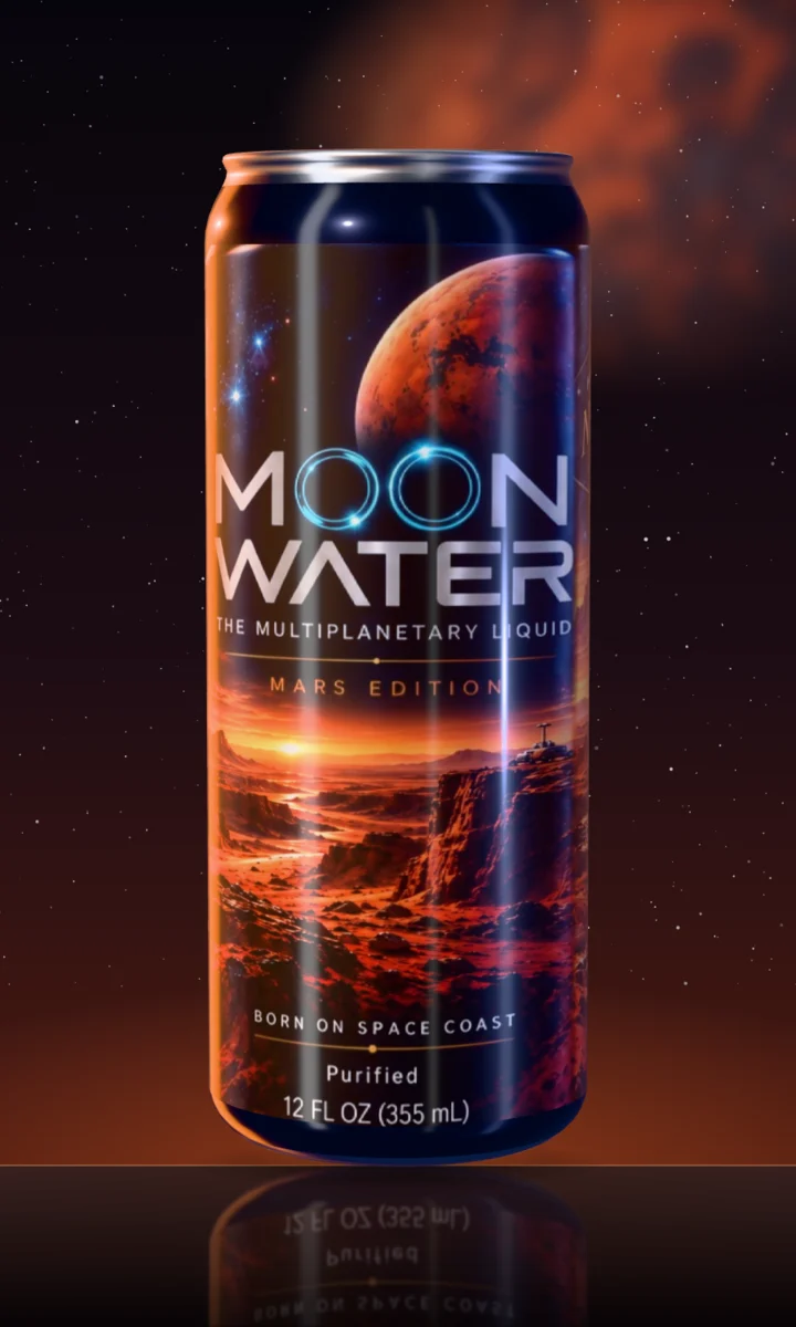 The Moon Water Mars Edition can, with red canyons and a rover under a rust-colored planet