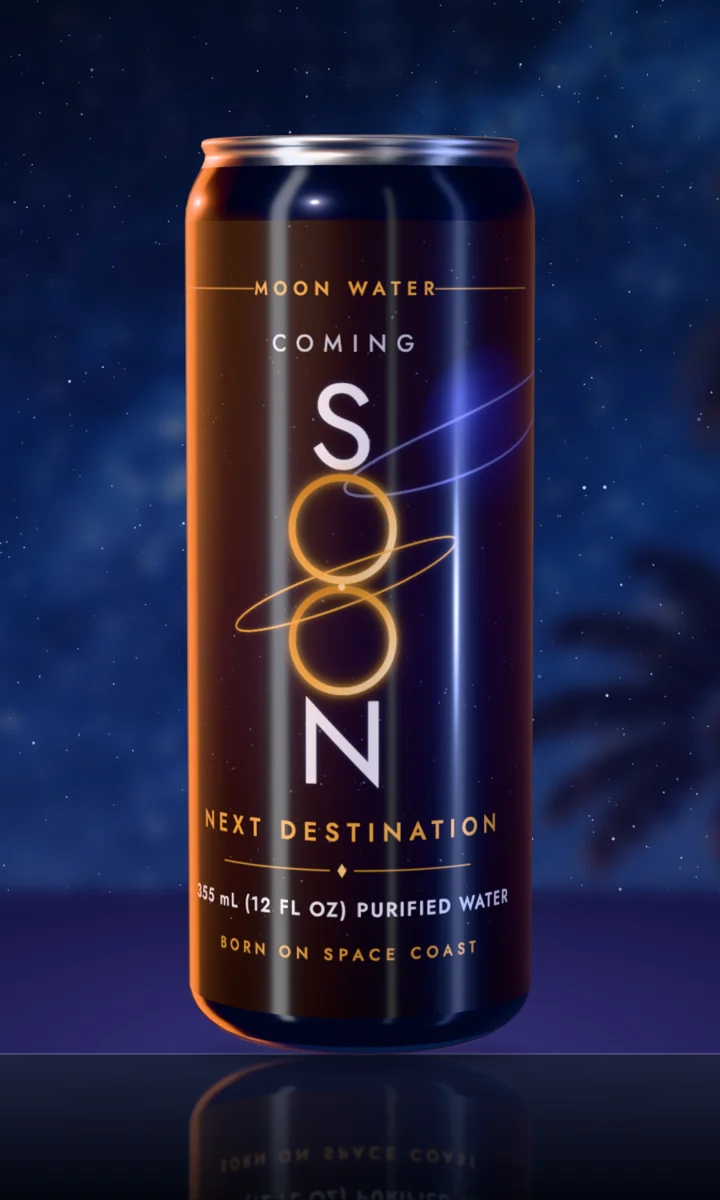 A blacked-out Moon Water placeholder can reading Coming Soon, Next Destination