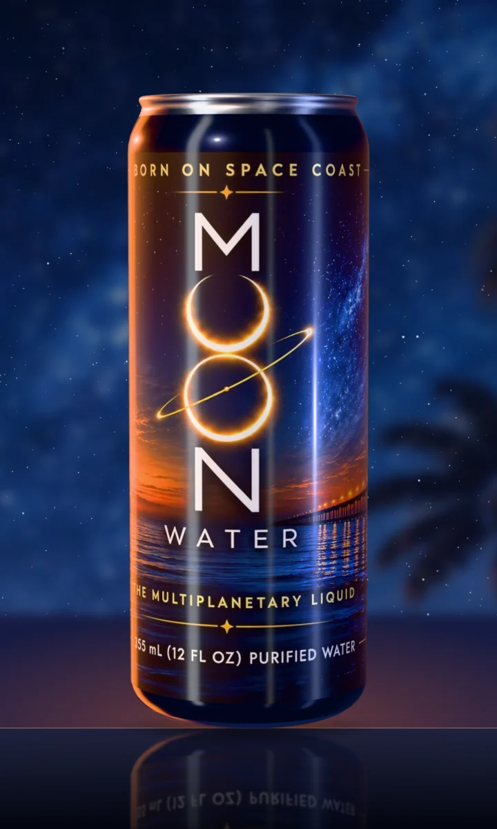 The Moon Water Original can on a glossy surface under a starry twilight sky