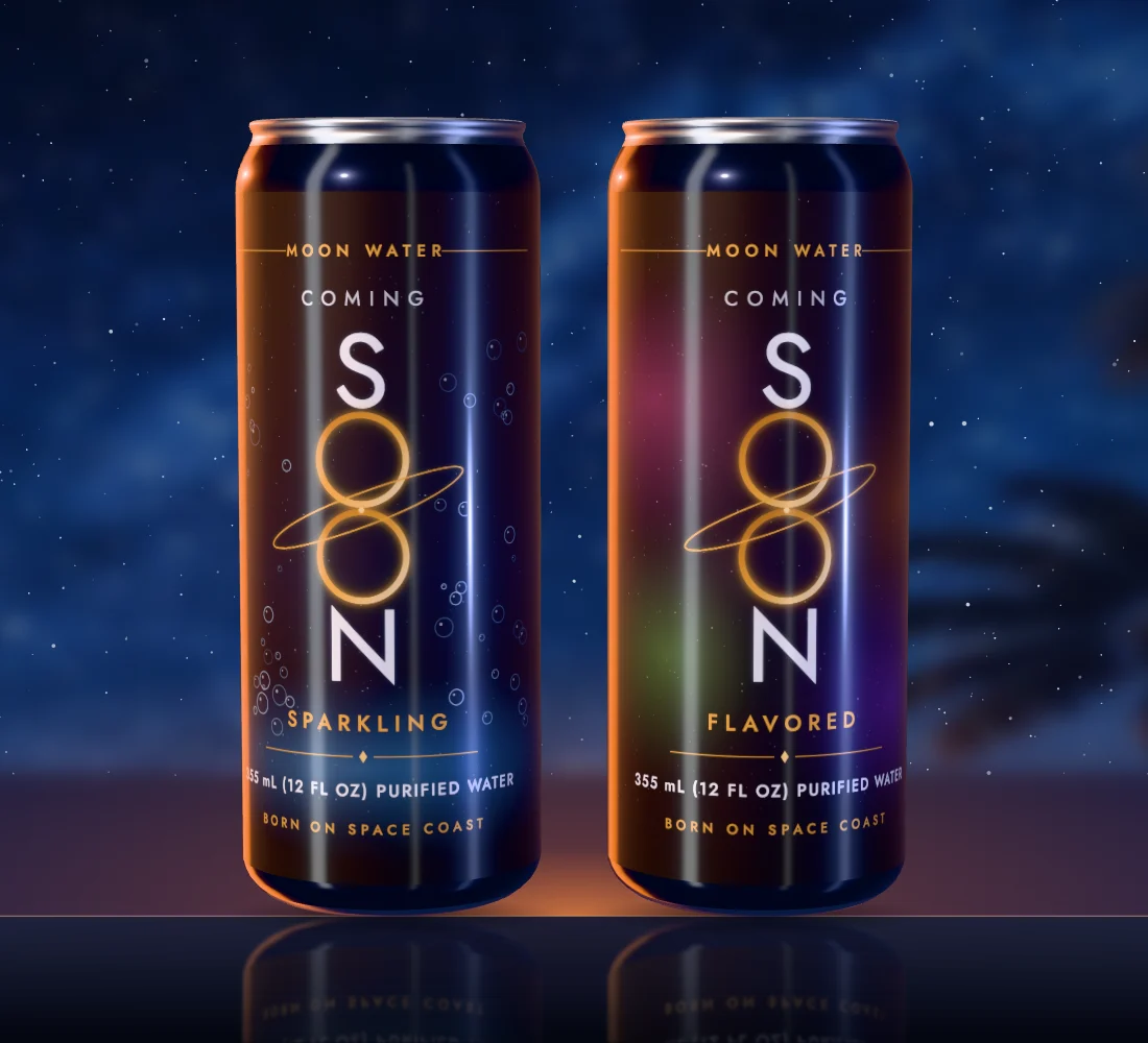 Two blacked-out Moon Water placeholder cans reading Coming Soon, one marked Sparkling and one marked Flavored